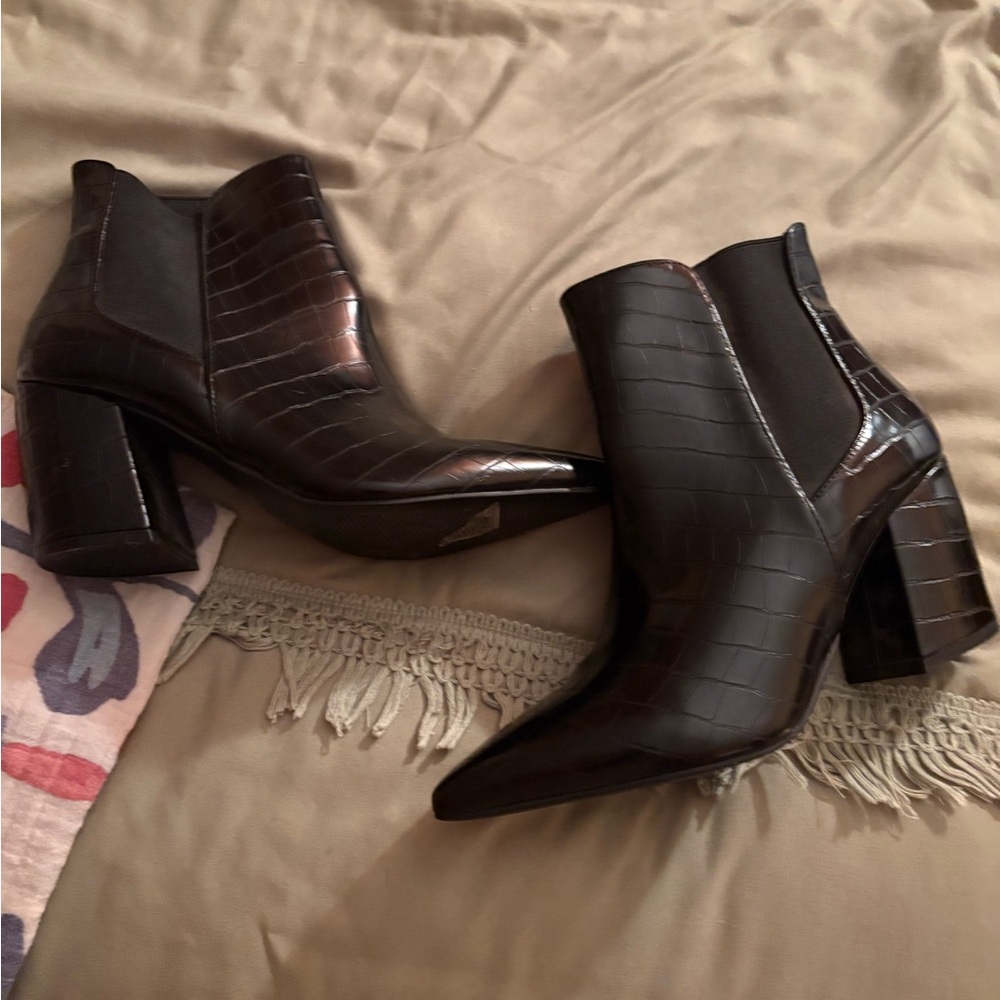Black Croc-Embossed Ankle Boots